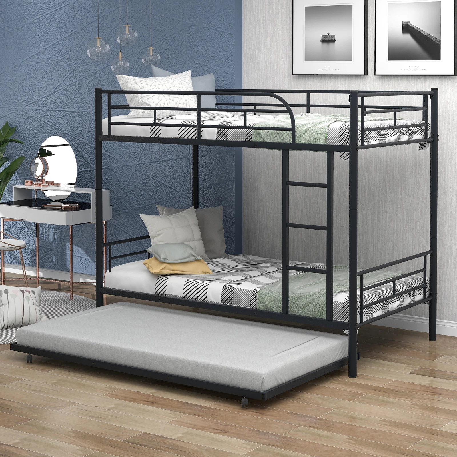 Twin Over Twin Metal Bunk Bed w/Trundle Dorm Bedro
